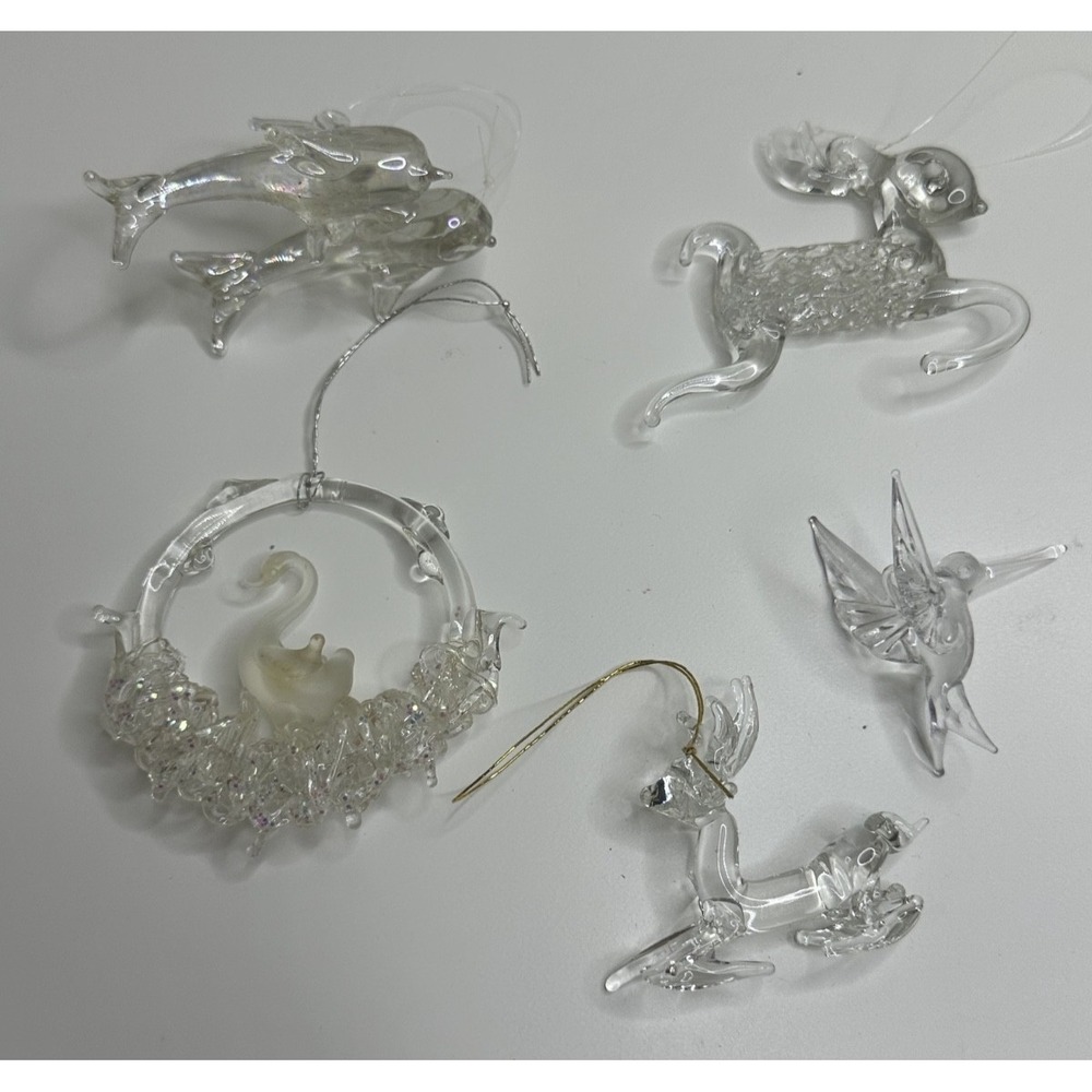 Silvestri Spun Glass Christmas Ornaments Swan Reindeer Hummingbird Dolphins 5 pc